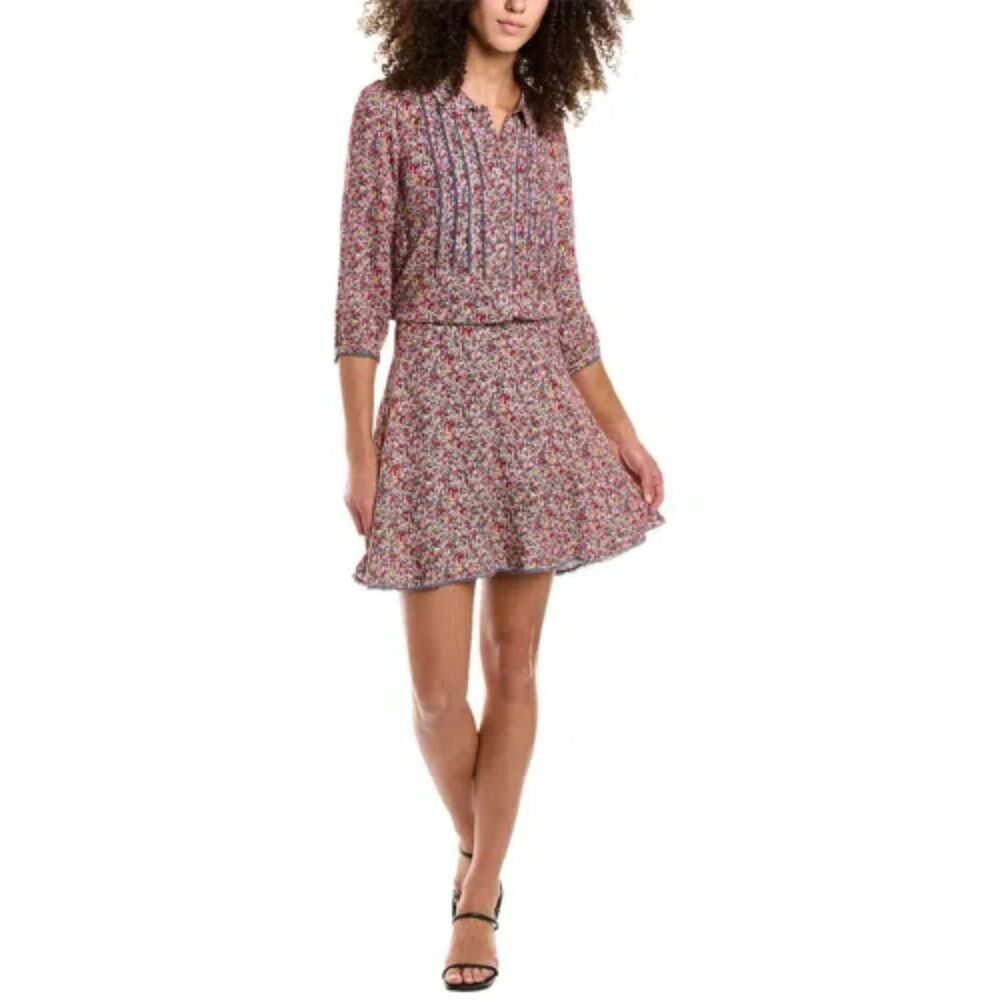 Zadig & Voltaire Raspail Crinkle Floral Long Sleeve Boho Mini Dress Pink Multi L